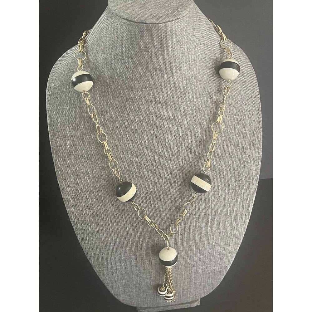 MCM VINTAGE ART DECO BLACK WHITE STRIPED BEAD RETRO TASSEL NECKLACE 36” - Picture 2 of 9
